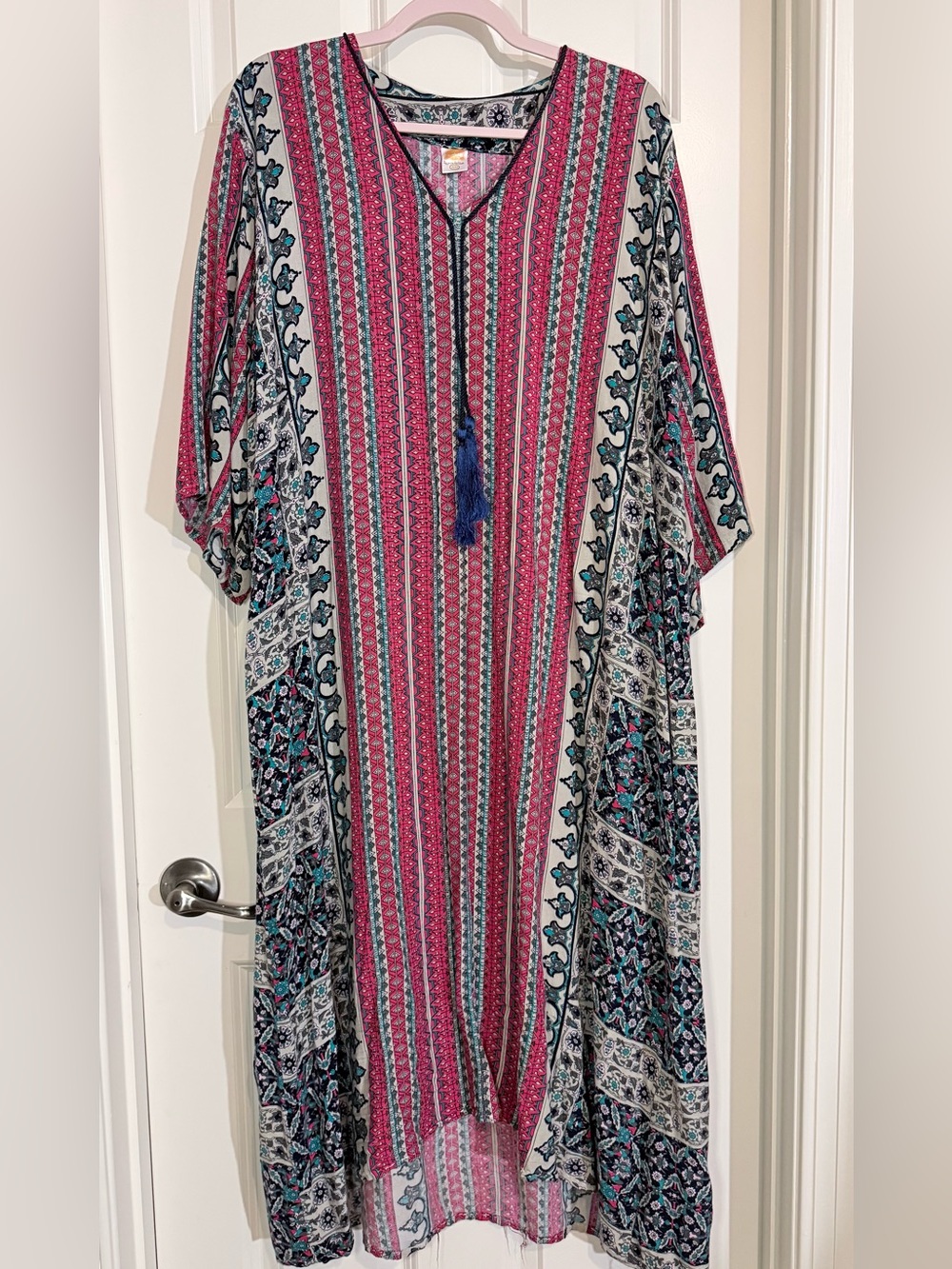 Bohemian Stripe MuMu Tassel Maxi Dress in Pink and Teal
